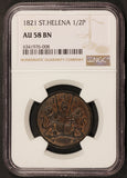 1821 St. Helena & Ascension 1/2 Half Penny Coin - NGC AU 58 BN - KM# A4