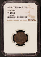 1824 Germany Isenburg Snipe Heller Copper Coin - NGC VF 35 BN - X# 1