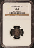 1827-A France Half 1/2 Franc Silver Coin - NGC MS 63 - KM# 723.1