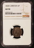 1828 Great Britain 6 Six Pence Silver Coin - NGC AU 50 - KM# 698