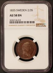 1835 Sweden 2/3 Skilling Copper Coin - NGC AU 58 BN - KM# 641