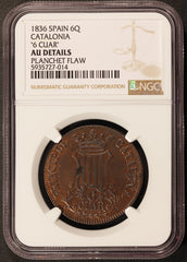 1836 Spain Catalonia 6 Quartos Copper Coin - NGC AU Details - KM# 128