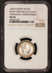 1838 Austria Milan Ferdinand I Coronation Silver Medal Mont-2585 - NGC MS 60