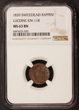 1839 Switzerland Lucerne 1 One Rappen Coin - NGC MS 63 BN - KM# 118