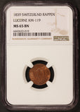 1839 Switzerland Lucerne 1 One Rappen Coin - NGC MS 65 BN - KM# 119 - TOP POP-1
