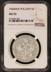 1840-MW Poland 5 Zlotych 3/4 Rouble Silver Coin - NGC AU 53 - C# 133