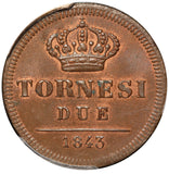 1843 Italy Naples & Sicily 2 Tornesi Coin - PCGS MS 64 BN - KM# 327