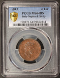 1843 Italy Naples & Sicily 2 Tornesi Coin - PCGS MS 64 BN - KM# 327