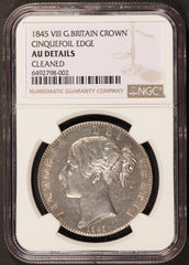 1845 Great Britain One Crown Cinquefoil Edge Silver Coin - NGC AU Details - KM# 741