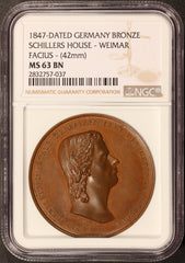 1847 Germany Schillers House Weimar Facius 42mm Bronze Medal - NGC MS 63 BN