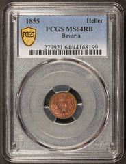 1855 Germany Bavaria Heller Copper Coin - PCGS MS 64 RB - KM# 796.2