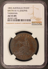 1855 Australia Tasmania R. Josephs One Penny Token KM# Tn141 - NGC AU 55 BN