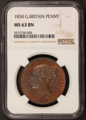 1858 Great Britain 1 One Penny Copper Coin - NGC MS 63 BN - KM# 739