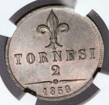 1859 Italy Naples & Sicily 2 Tornesi Coin - NGC MS 64 RB - KM# 375