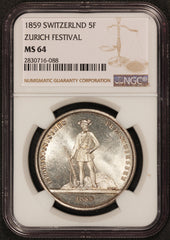 1859 Switzerland Zurich Swiss Shooting Fest Silver 5 Francs Medal - NGC MS 64 - X# S5