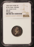 1859 Washington A.B. Sage Raffle Silvered WM Merchant Token M-NY-764A - NGC MS 64