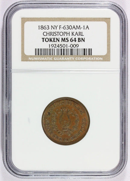 1863 New York, NY Christoph Karl Civil War Store Card Token F-630AM-1A - NGC MS 64 BN