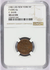 1861-65 New York, NY C. Bahr Civil War Store Card Token F-630C-6a - NGC MS 63 BN