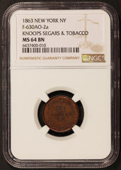 1863 New York Knoops Segars & Tobacco Civil War Token F-630AO-2a - NGC MS 64 BN