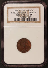 1863 Buffalo, NY A.M. Johnston Grocer Civil War Token F-105K-1a - NGC MS 64 BN