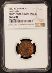 1863 New York, NY Broas Pie Bakers Civil War Token F-630L-18a - NGC MS 65 RB