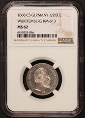 1868 CS Germany Wurttemberg 1/2 Gulden Silver Coin - NGC MS 62 - KM# 613