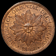 1869-H Uruguay 4 Centesimos Specimen Proof Coin - PCGS SP 64 RB - KM# 13