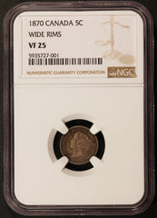 1870 Canada 5 Cents Wide Rims Silver Coin - NGC VF 25 - KM# 2
