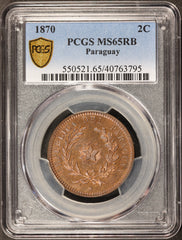 1870 Paraguay 2 Centesimos Copper Coin - PCGS MS 65 RB - KM# 3