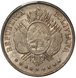 1873-PTS FE Bolivia 1 Boliviano Silver Coin - PCGS AU 58 - KM# 160.1