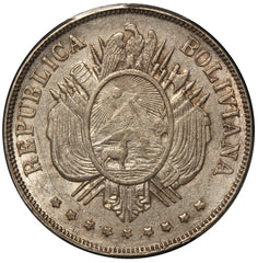 1873-PTS FE Bolivia 1 Boliviano Silver Coin - PCGS AU 58 - KM# 160.1