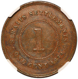 1874-H Straits Settlements 1 One Cent Copper Coin - NGC AU 53 BN - KM# 9