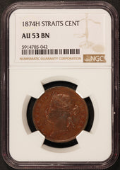 1874-H Straits Settlements 1 One Cent Copper Coin - NGC AU 53 BN - KM# 9