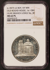 1877 Le Roy, NY Old Round House Olive Branch Masonic Lodge WM Medal - NGC MS 62 PL