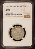 1877 EB Sweden 1 One Krona Silver Coin - NGC XF 40 - KM# 747