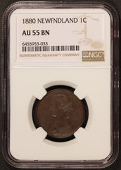 1880 Canada Newfoundland Round Low O Large One Cent Coin - NGC AU 55 BN - KM# 1