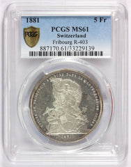 1881 Switzerland 5 Francs Silver Coin Fribourg Shooting Medal R-403 - PCGS MS 61