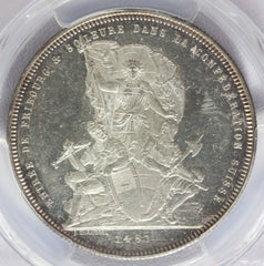 1881 Switzerland 5 Francs Silver Coin Fribourg Shooting Medal R-403 - PCGS MS 61