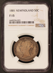 1881 Canada Newfoundland 50 Cents Silver Coin - NGC F 15 - KM# 6