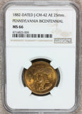 1882 Pennsylvania Bicentennial U.S. Mint 25mm Bronze Medal J-CM-42 - NGC MS 66