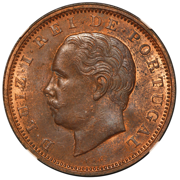 1885 Portugal 20 Reis Bronze Coin - NGC MS 63 BN - KM# 527
