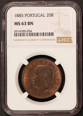 1885 Portugal 20 Reis Bronze Coin - NGC MS 63 BN - KM# 527