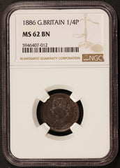 1886 Great Britain Farthing Bronze Coin - NGC MS 62 BN - KM# 753
