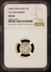 1890 Heaton Costa Rica 5 Centavos Silver Coin - NGC MS 64 - KM# 128
