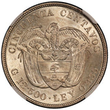1892 Colombia Discovery Ann. 50 Centavos Silver Coin - NGC MS 62 - KM# 187.2