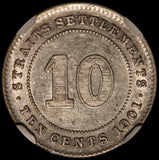 1901 Straits Settlements 10 Cents Silver Coin - NGC AU 55 - KM# 11