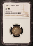 1901 Cyprus 4 1/2 Piastres Silver Coin - NGC XF 40 - KM# 5