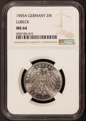 1905-A Germany Lubeck 2 Mark Silver Coin - NGC MS 64 - KM# 212