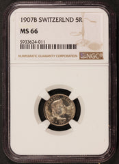 1907-B Switzerland 5 Rappen Coin - NGC MS 66 - KM# 26