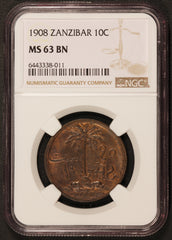 1908 Zanzibar 10 Cents Coin - NGC MS 63 BN - KM# 9